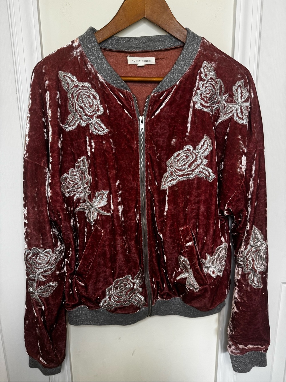 Honey Punch Burgundy Velvet Bomber Jacket with Silver Rose Embroidery